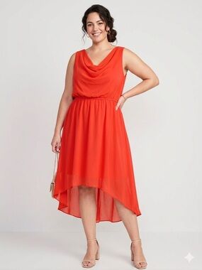Coral High Low Dress Size 14 Cowl Neck Chiffon Sleeveless Tropical Wedding Guest